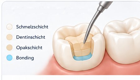 Schemazeichnung: die Füllung wird schichtweise aufgebaut — Bonding, Opak-, Dentin- und Schmelzschicht sind farblich markiert