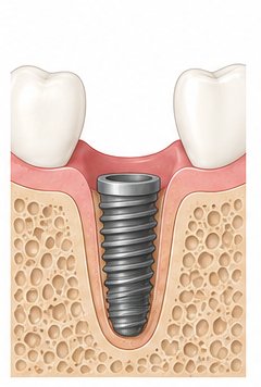 Schemazeichnung: Titan-Implantat sitzt als künstliche Zahnwurzel im Kieferknochen