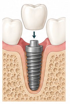 Schemazeichnung: maßgefertigte Krone wird auf den Implantat-Aufbau gesetzt