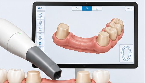Schemazeichnung: Intraoralscanner erfasst die beschliffenen Zähne, das 3D-Modell erscheint auf dem Bildschirm